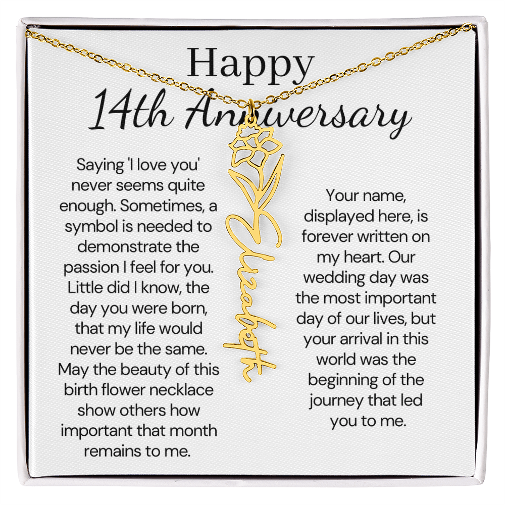 Personalized 14th Anniversary Gift for Wife – Customized Birth Flower Name Necklace – Unique Fourteenth Wedding Anniversary Gift Ideas for Wife from Husband