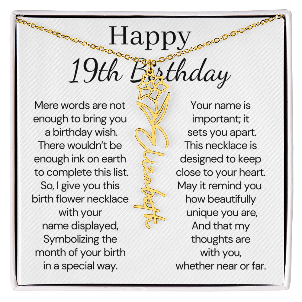 Personalized 19th Birthday Gift for Her  – Customized Birth Flower Name Necklace – 19th Birthday Jewelry Gift for Granddaughter, Daughter, or Niece