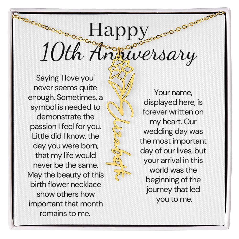 Personalized 10th Wedding Anniversary Gift for Wife – Customized Birth Flower Name Necklace – Unique Tenth Anniversary Gift Ideas for Wife from Husband