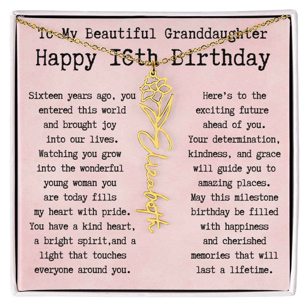 Personalized 16th Birthday Gift for Granddaughter – Customized Birth Flower Name Necklace – Sweet Sixteenth Jewelry Gift from Grandma