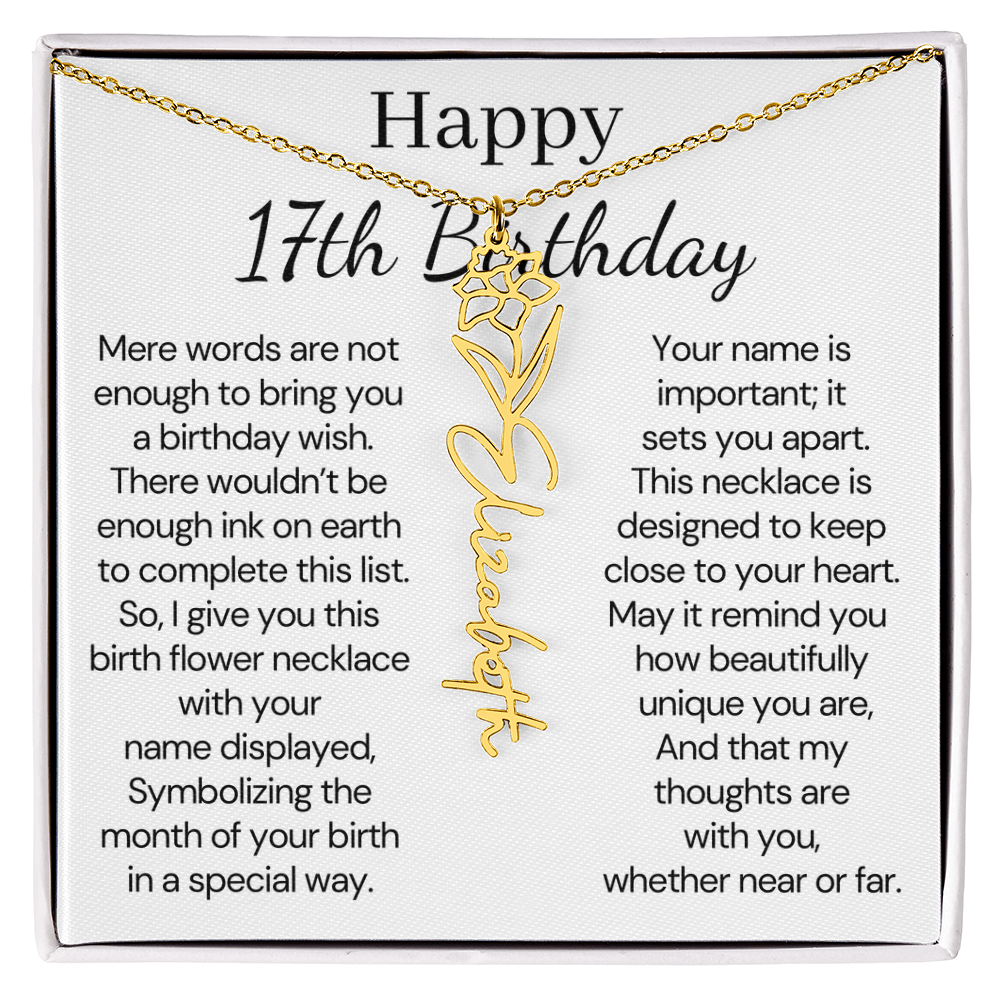 Personalized 17th  Birthday Gift for Her – Customized Birth Flower Name Necklace – Jewelry Gift for Daughter, Granddaughter, or Niece