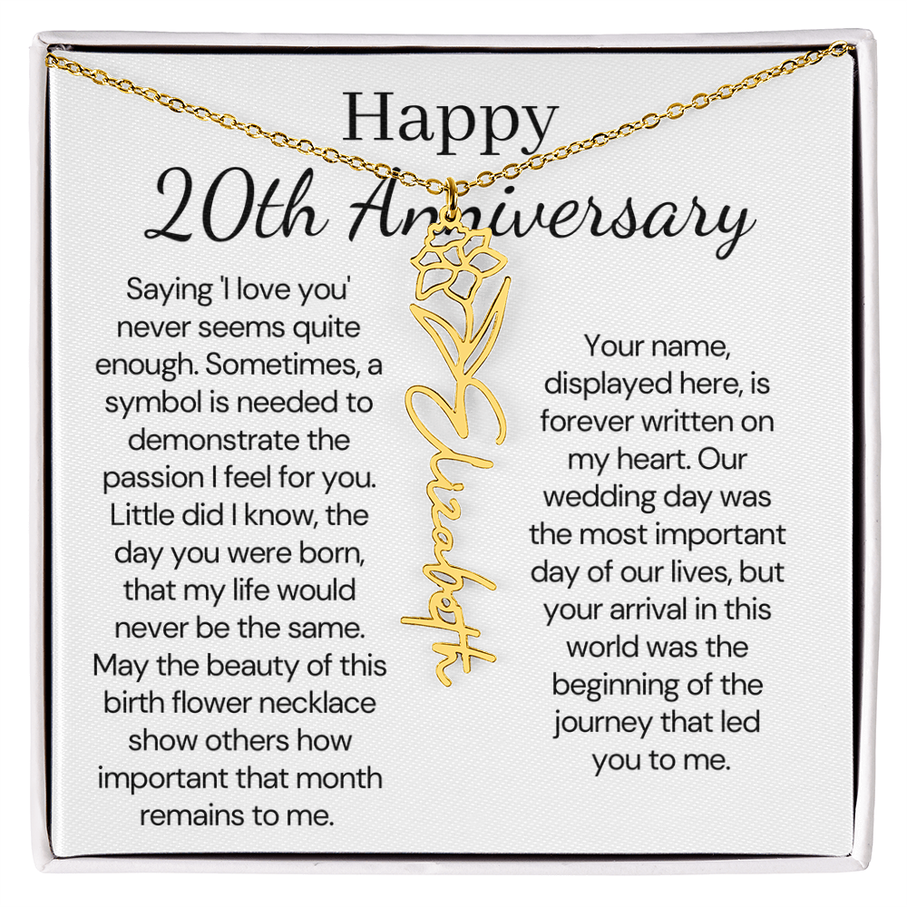 Personalized 20th Anniversary Gift for Wife – Customized Birth Flower Name Necklace – Unique Twentieth Wedding Anniversary Gift Ideas for Wife from Husband