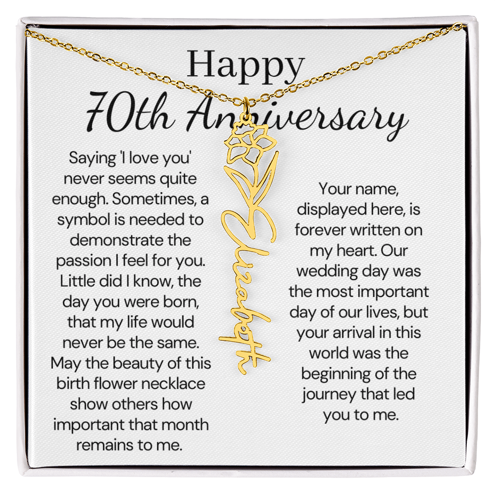 Personalized 70th Anniversary Gift for Wife – Customized Birth Flower Name Necklace – Unique Seventieth Wedding Anniversary Gift Ideas for Wife from Husband