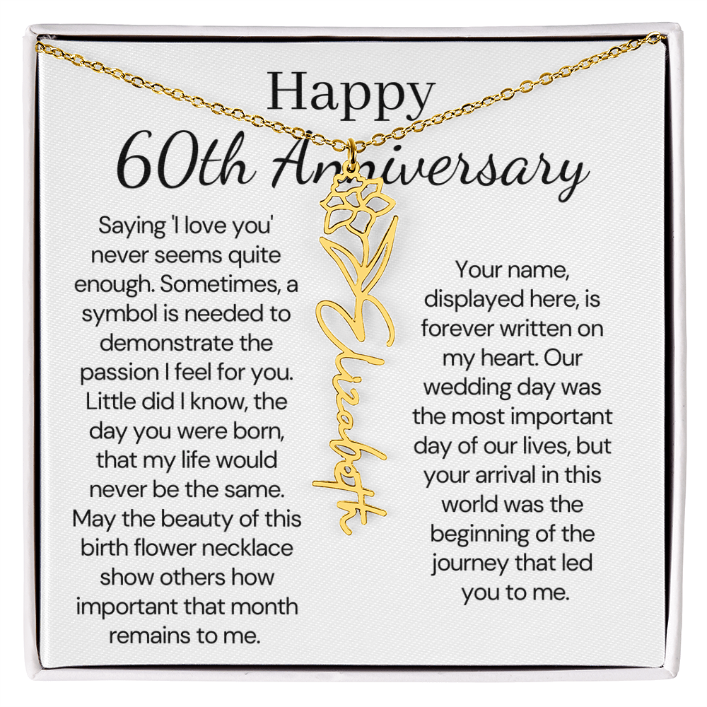 Personalized 60th Anniversary Gift for Wife – Customized Birth Flower Name Necklace – Unique Sixtieth Wedding Anniversary Gift Ideas for Wife from Husband