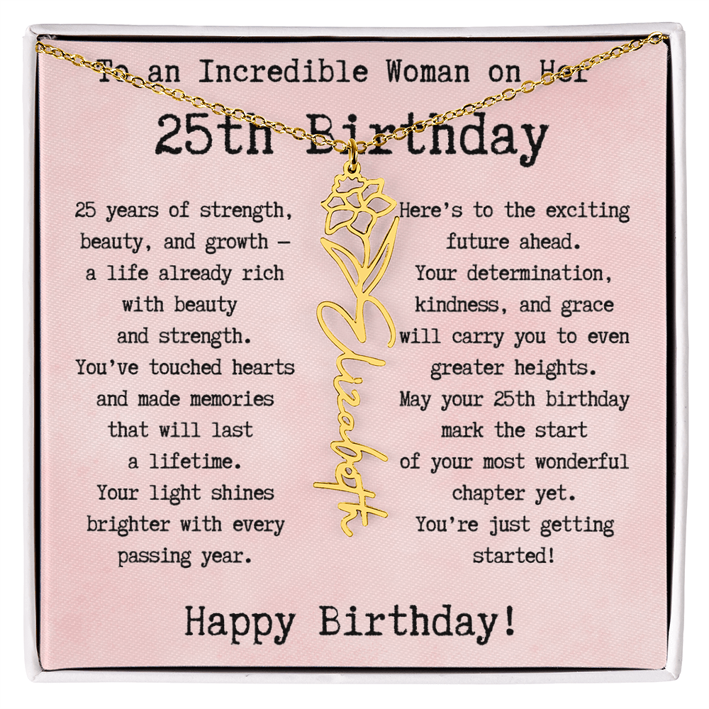 Personalized 25th Birthday Gift for Her – Customized Birth Flower Name Necklace – Unique Twenty-Fifth Birthday Jewelry Gift from Grandma, Mom, Aunt, or Friend