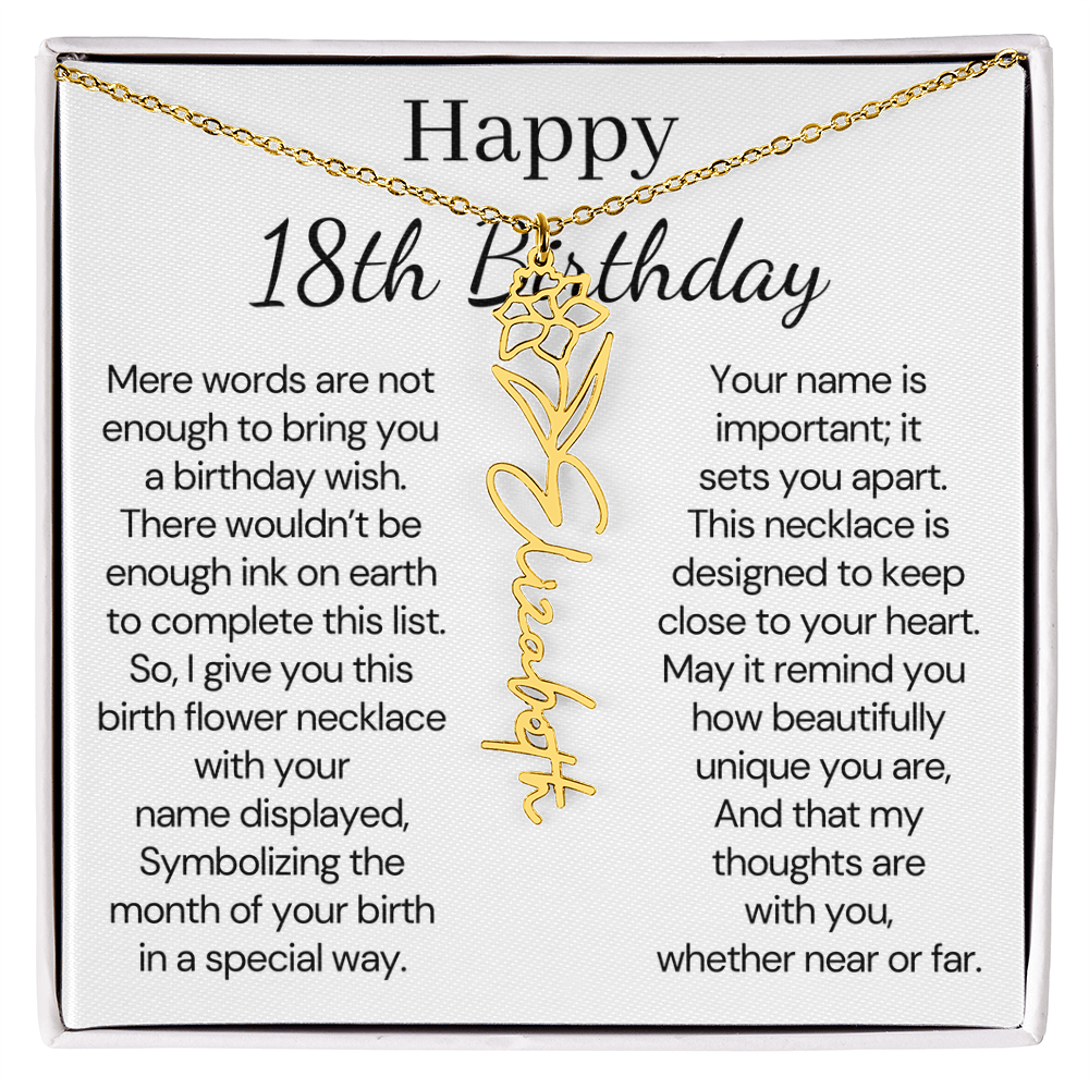 Personalized 18th Birthday Gift for Her  – Customized Birth Flower Name Necklace – 18th Birthday Jewelry Gift for Granddaughter, Daughter, or Niece
