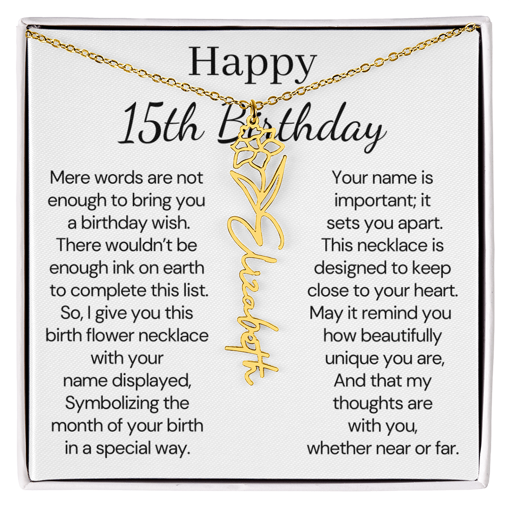 Personalized 15th Birthday Gift for Her – Customized Birth Flower Name Necklace – 15th Birthday Jewelry Gift for Granddaughter, Daughter, or Niece