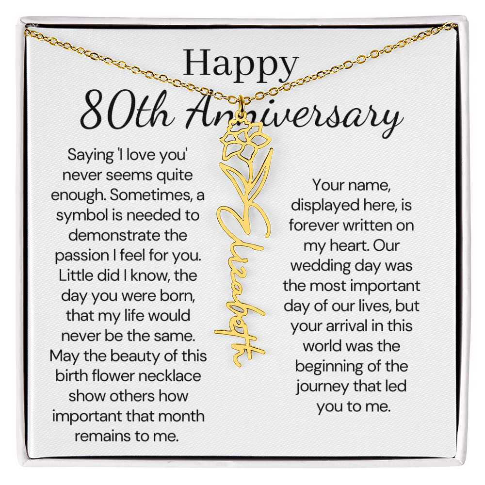 Personalized 80th Anniversary Gift for Wife – Customized Birth Flower Name Necklace – Unique Eightieth Wedding Anniversary Gift Ideas for Wife from Husband