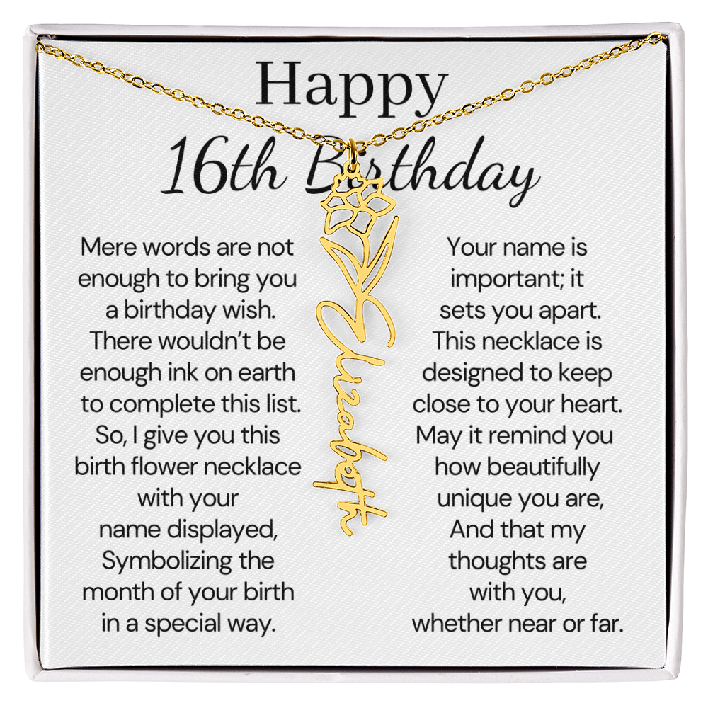 Personalized 16th Birthday Gift for Her  – Customized Birth Flower Name Necklace – Jewelry Gift for Granddaughter, Daughter, or Niece