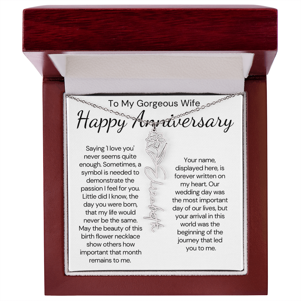 Personalized Anniversary Gift for Wife – Customized Birth Flower Name Necklace – Unique Wedding Anniversary Jewelry Gift from Husband