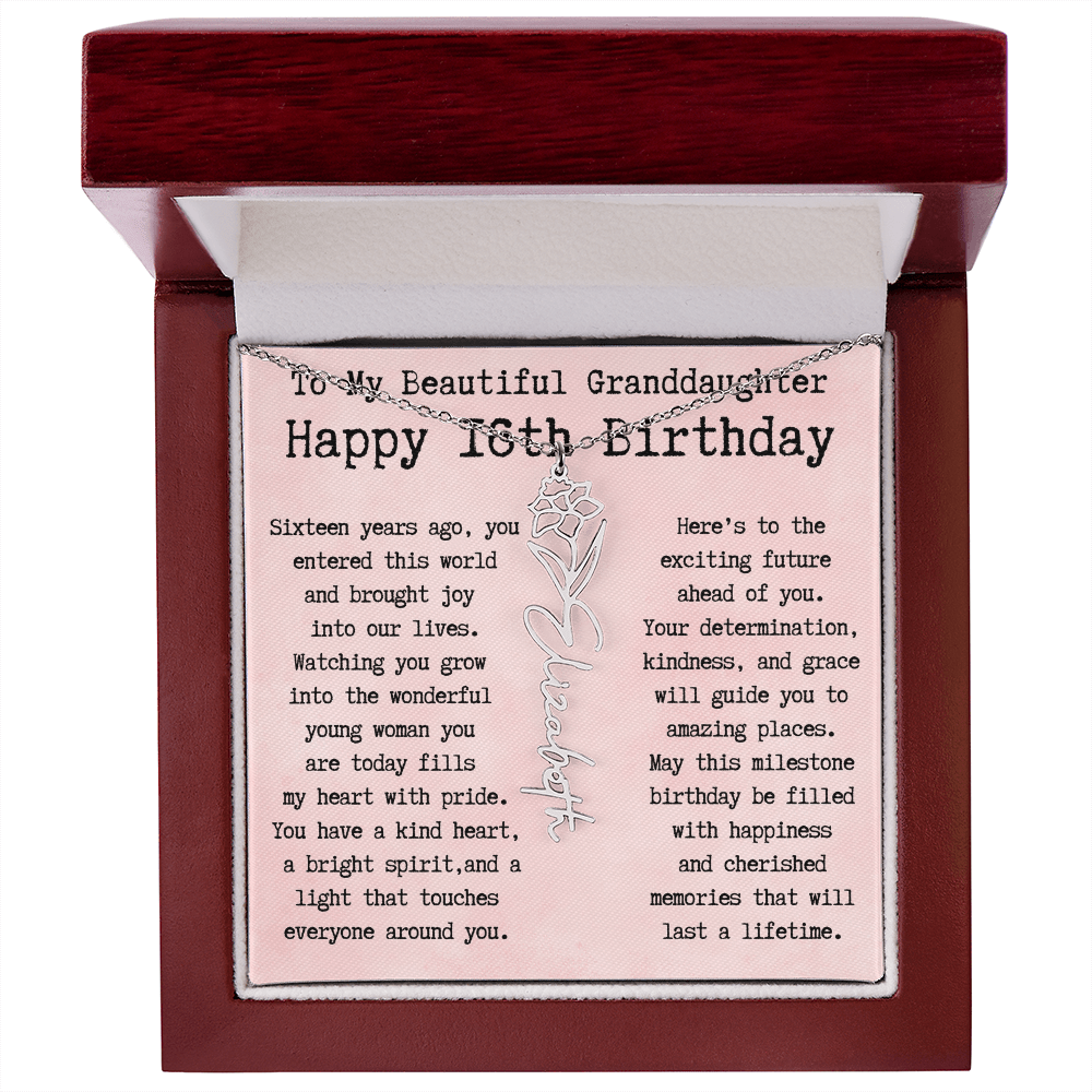 Personalized 16th Birthday Gift for Granddaughter – Customized Birth Flower Name Necklace – Sweet Sixteenth Jewelry Gift from Grandma