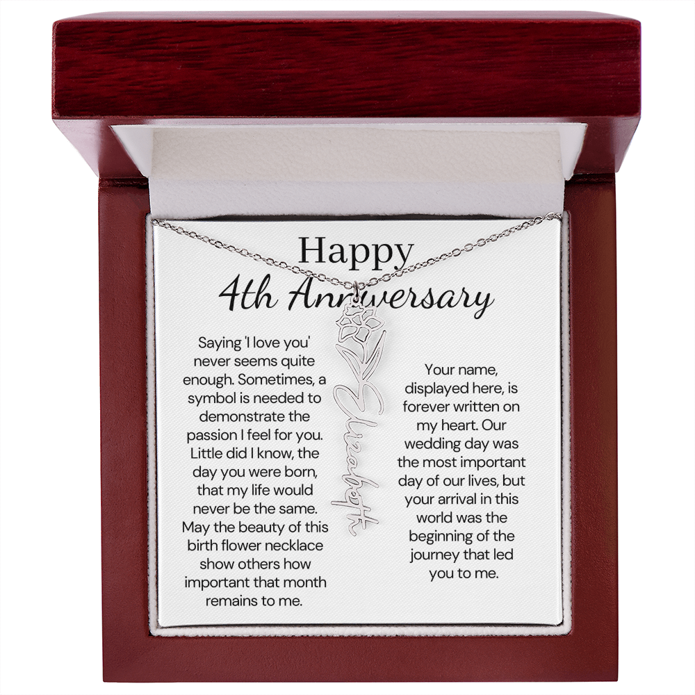 Personalized 4th Wedding Anniversary Gift for Wife – Customized Birth Flower Name Necklace – Unique Anniversary Gift Ideas for Wife from Husband