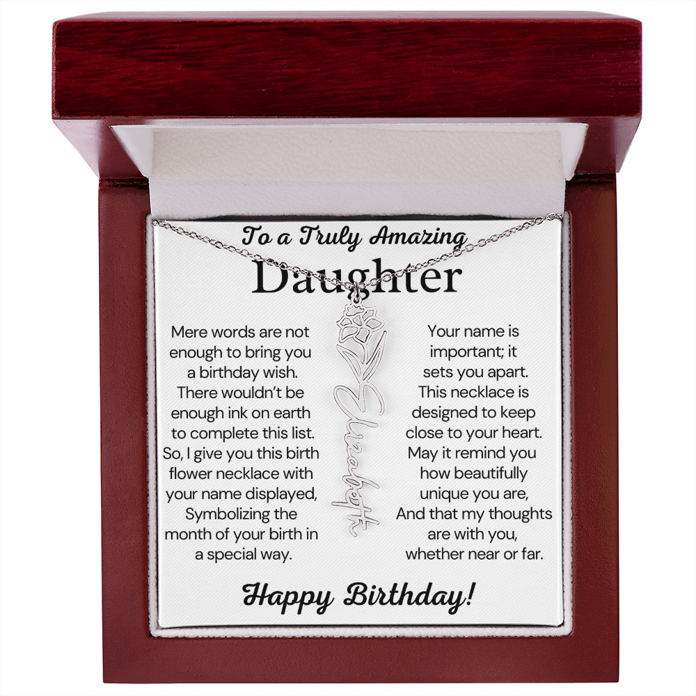 Personalized Birthday Gift for Daughter – Customized Birth Flower Name Necklace – Birthday Jewelry Gift from Mom or Dad