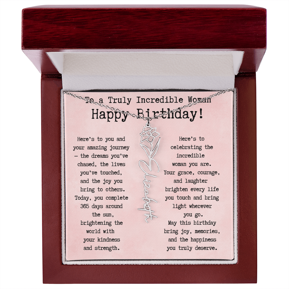 Personalized Birthday Gift for Her – Customized Birth Flower Name Necklace – Unique Jewelry Gift from Friend, Family, or Loved One