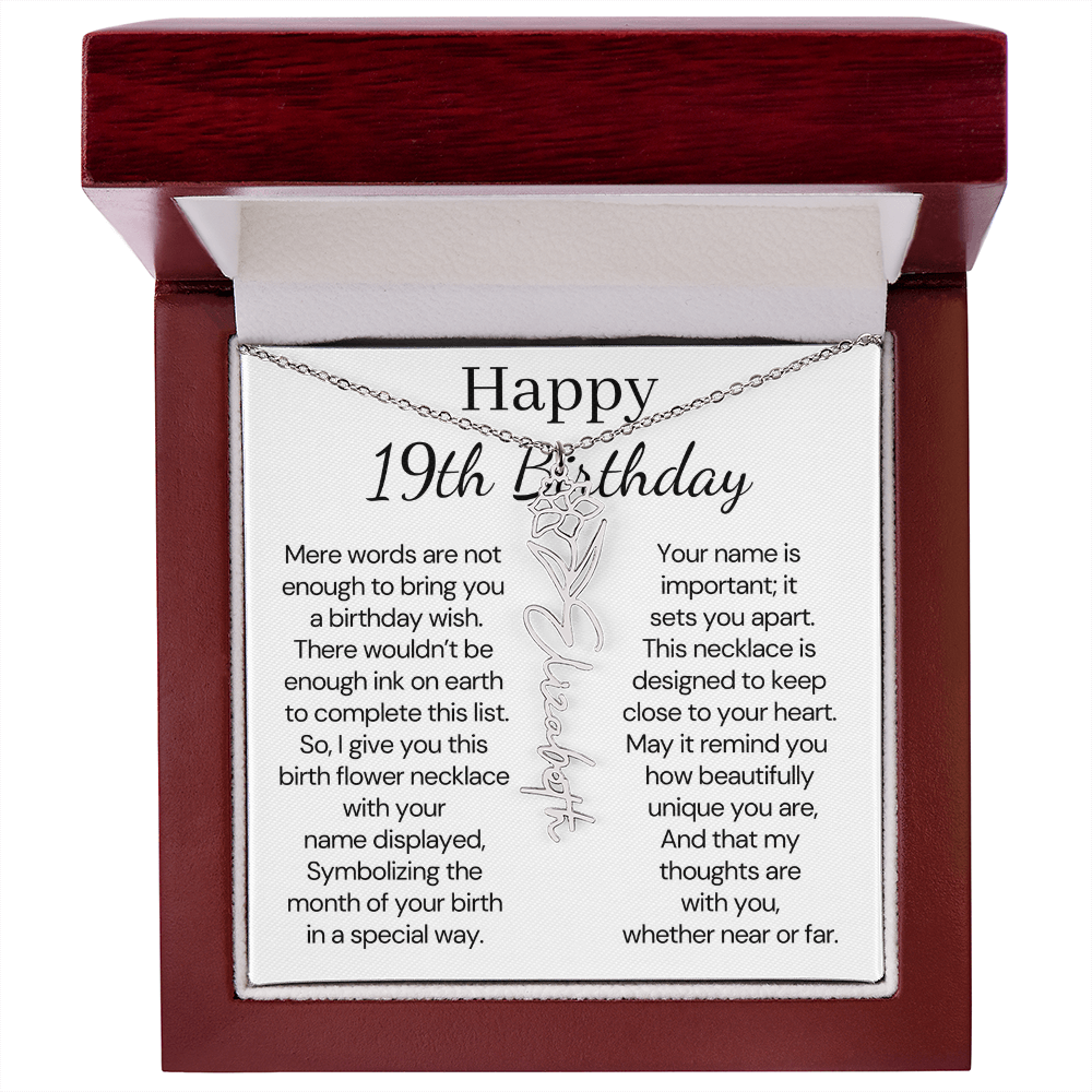 Personalized 19th Birthday Gift for Her  – Customized Birth Flower Name Necklace – 19th Birthday Jewelry Gift for Granddaughter, Daughter, or Niece