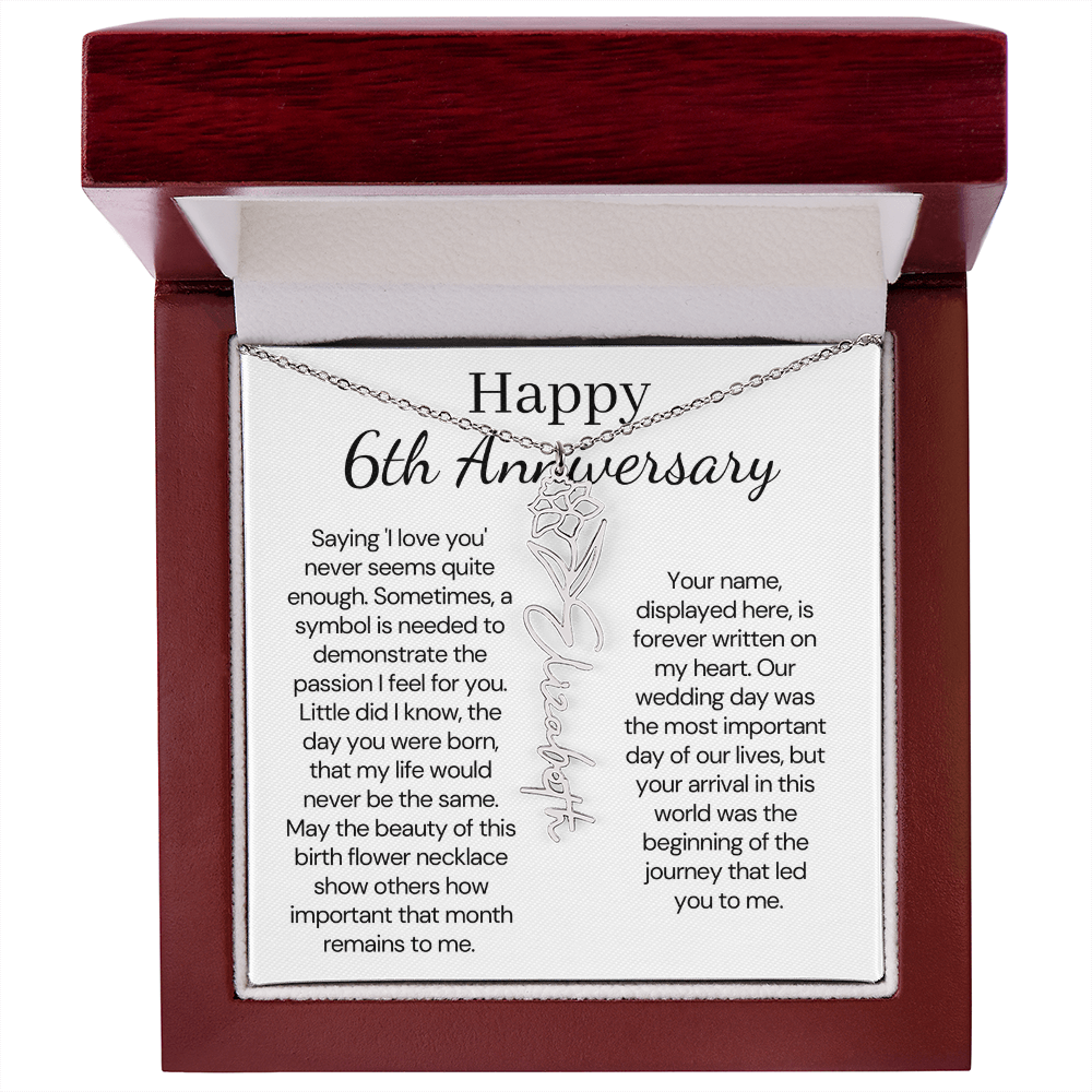Personalized 6th Wedding Anniversary Gift for Wife – Customized Birth Flower Name Necklace – Unique Sixth Anniversary Gift Ideas for Wife from Husband