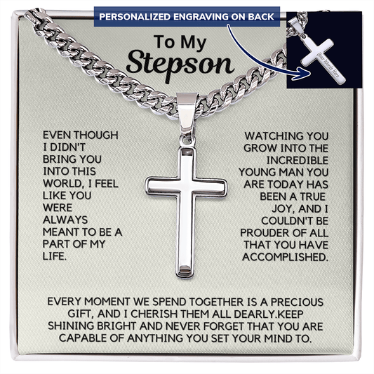Engraved Cross Necklace for Stepson with Cuban Link Chain