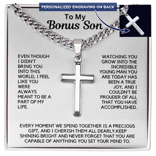 Engraved Cross Necklace for Bonus Son with Cuban Link Chain