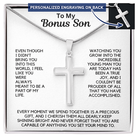 Engraved Cross Necklace for Bonus Son with Stylish Snake Chain